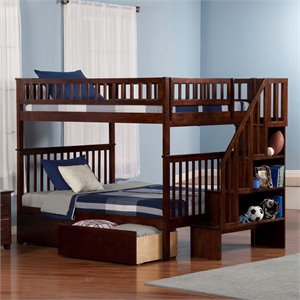 afi woodland full over full solid wood staircase storage bunk bed in walnut