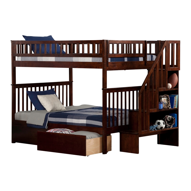 AFI Woodland Full Over Full Staircase Storage Wood Bunk Bed in Walnut