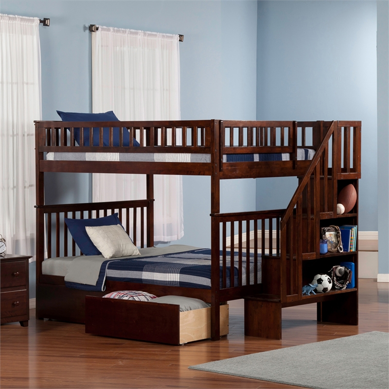 AFI Woodland Full Over Full Staircase Storage Wood Bunk Bed in Walnut