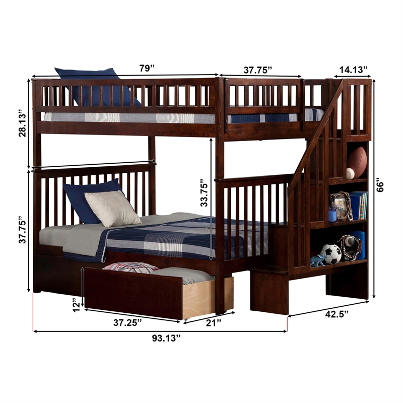 AFI Woodland Full Over Full Staircase Storage Wood Bunk Bed in Walnut