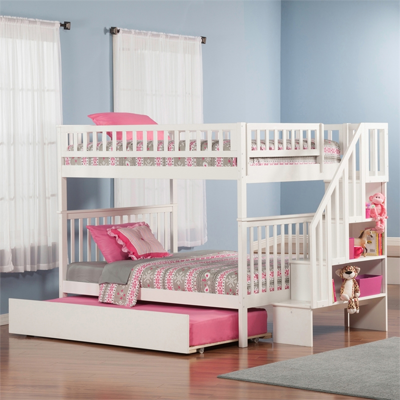 AFI Woodland Full Over Full Staircase Trundle Wood Bunk Bed in White