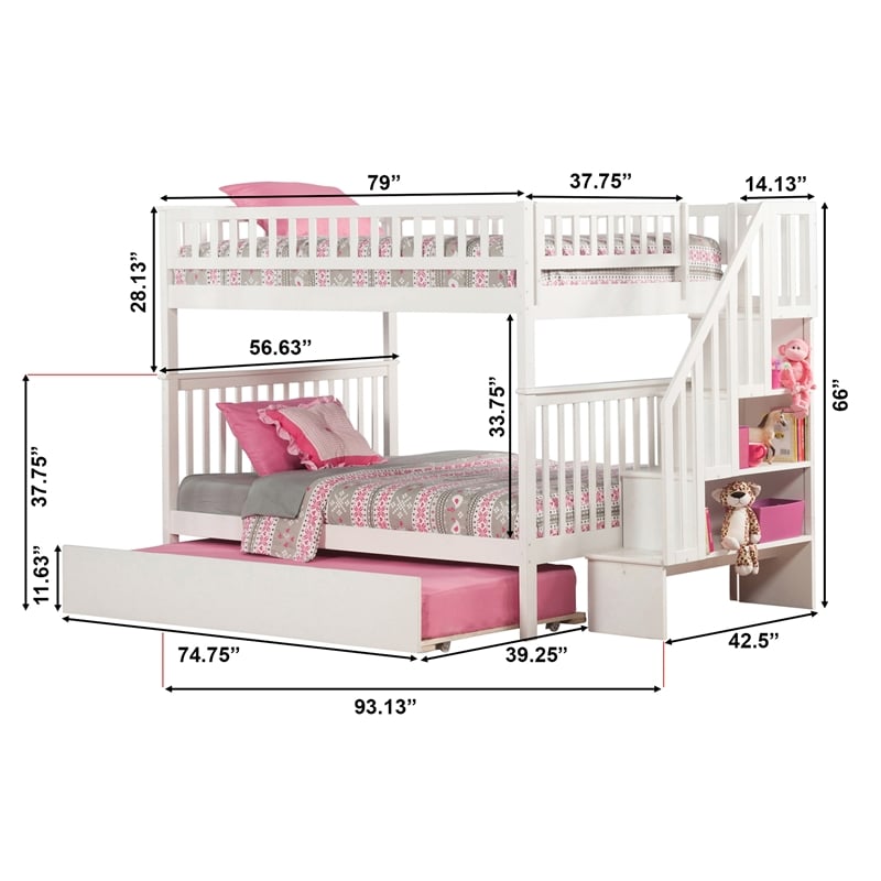 AFI Woodland Full Over Full Staircase Trundle Wood Bunk Bed in White