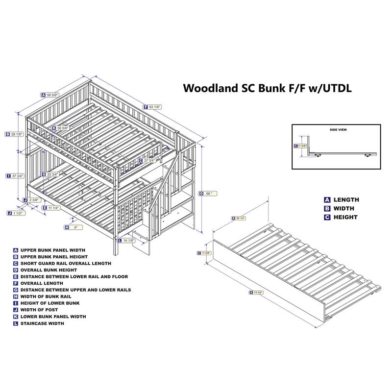 AFI Woodland Full Over Full Staircase Trundle Wood Bunk Bed in White