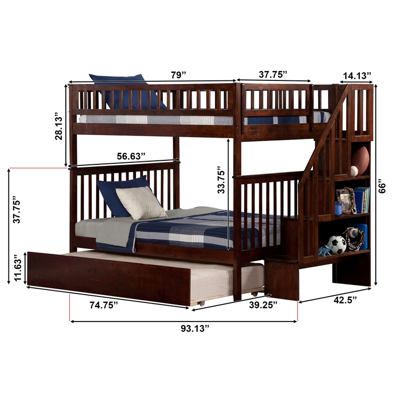 AFI Woodland Full Over Full Staircase Trundle Wood Bunk Bed in Walnut