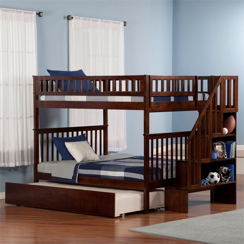 AFI Woodland Full Over Full Staircase Trundle Wood Bunk Bed in Walnut