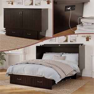 Nantucket Queen Wood Murphy Bed Chest w Mattress & Built-in Charger in Espresso