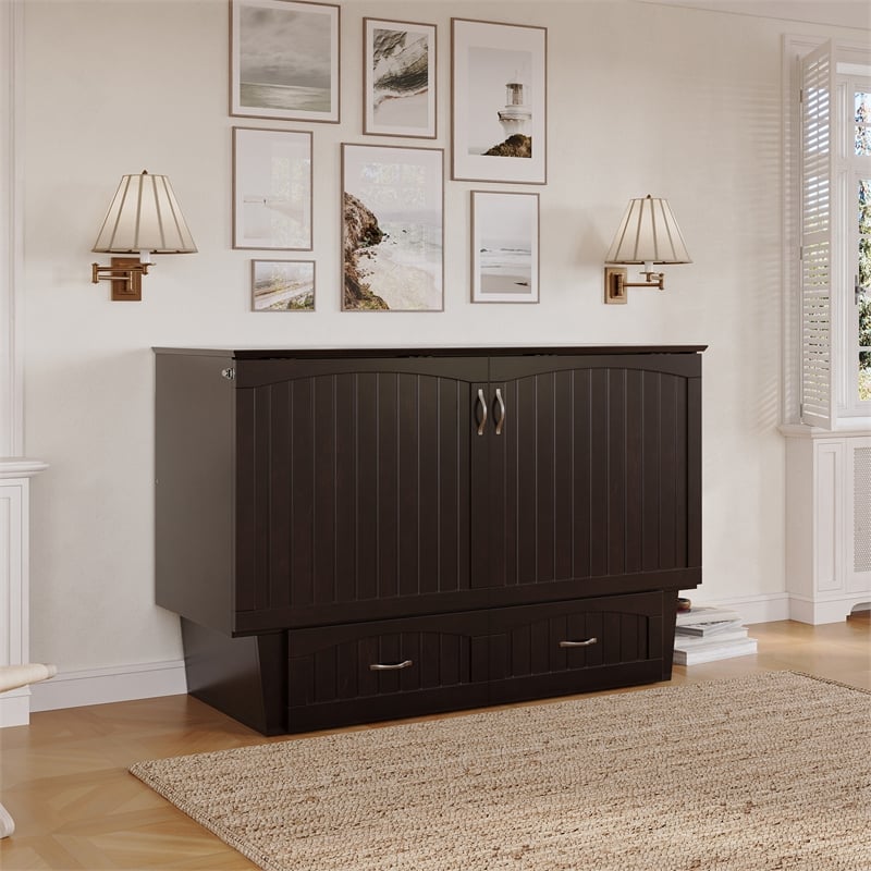 Nantucket Queen Wood Murphy Bed Chest w Mattress & Built-in Charger in Espresso