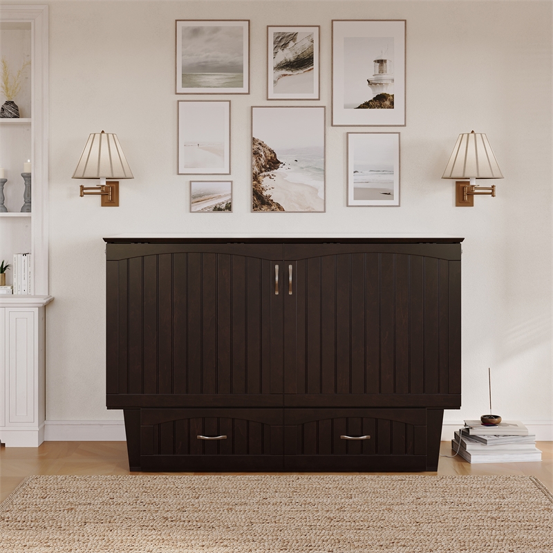 Nantucket Queen Wood Murphy Bed Chest w Mattress & Built-in Charger in Espresso