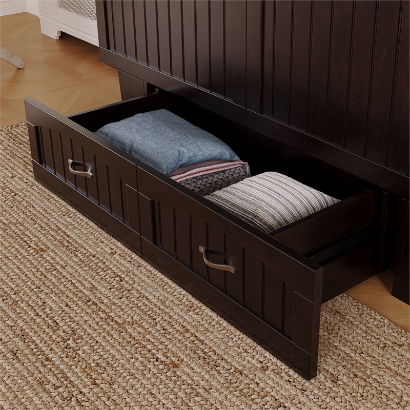 Nantucket Queen Wood Murphy Bed Chest w Mattress & Built-in Charger in Espresso
