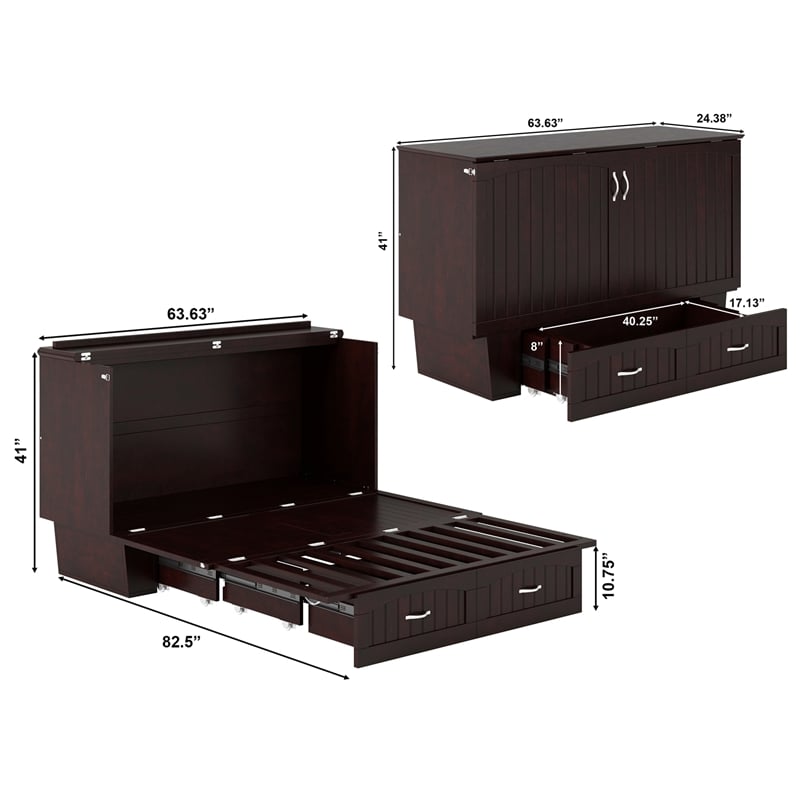Nantucket Queen Wood Murphy Bed Chest w Mattress & Built-in Charger in Espresso