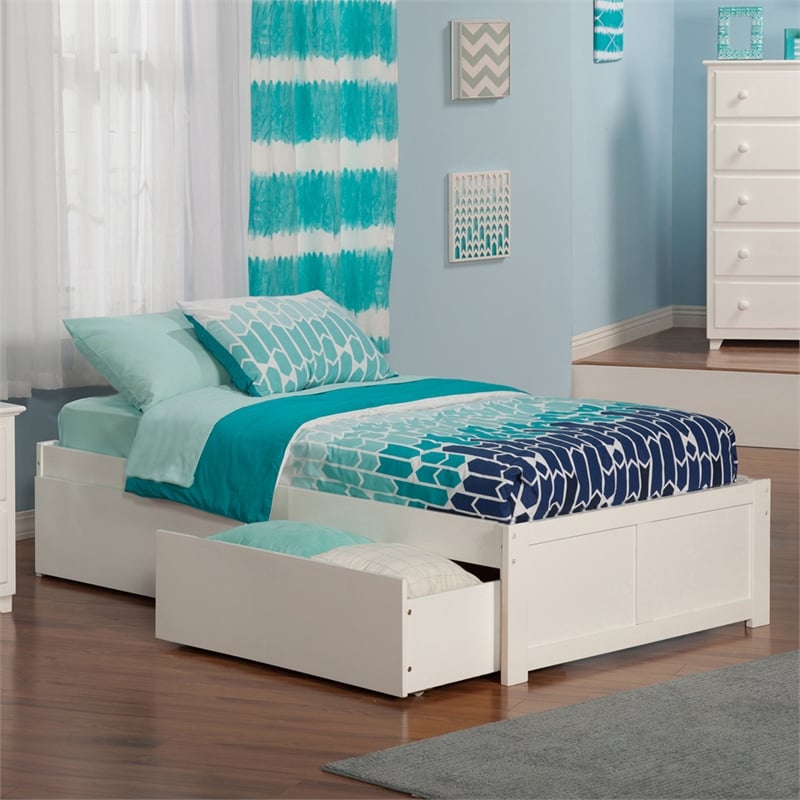 Concord Twin XL Platform Bed with Footboard & 2 Storage Drawers in White