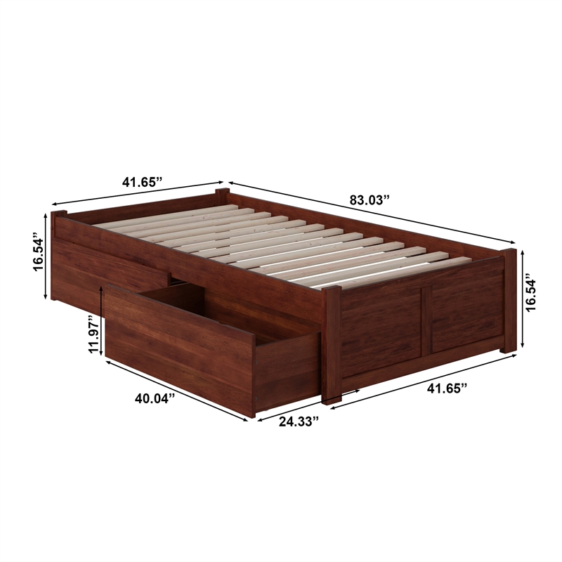 Concord Twin XL Platform Bed with Footboard & 2 Storage Drawers in Walnut