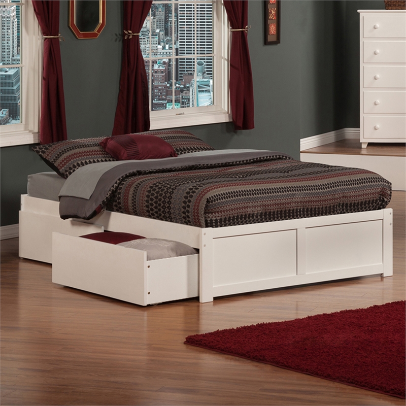 Concord Wood Full Platform Bed with Footboard & 2 Storage Drawers in White