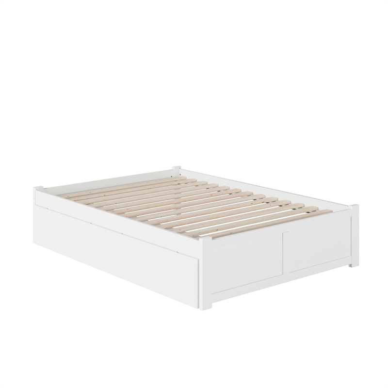 Concord Wood Full Platform Bed with Footboard & 2 Storage Drawers in White