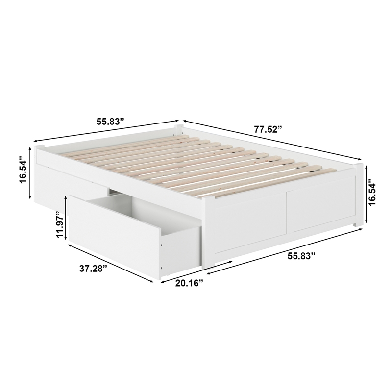 Concord Wood Full Platform Bed with Footboard & 2 Storage Drawers in White