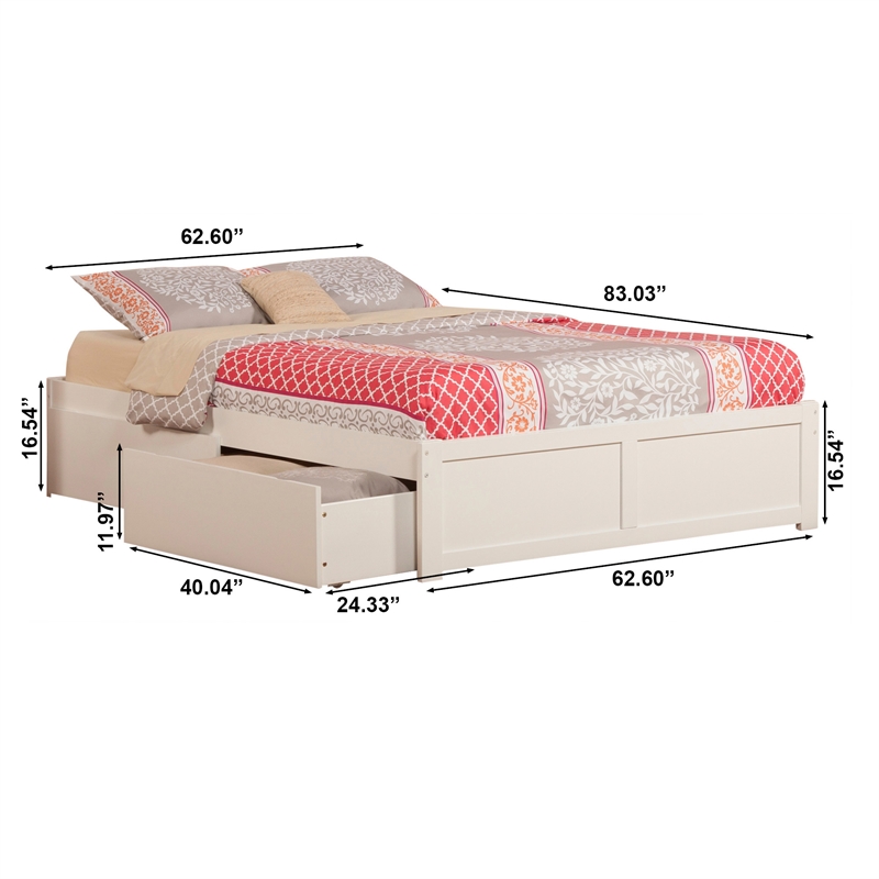 Concord Queen Wood Platform Bed with Footboard & 2 Storage Drawers in White