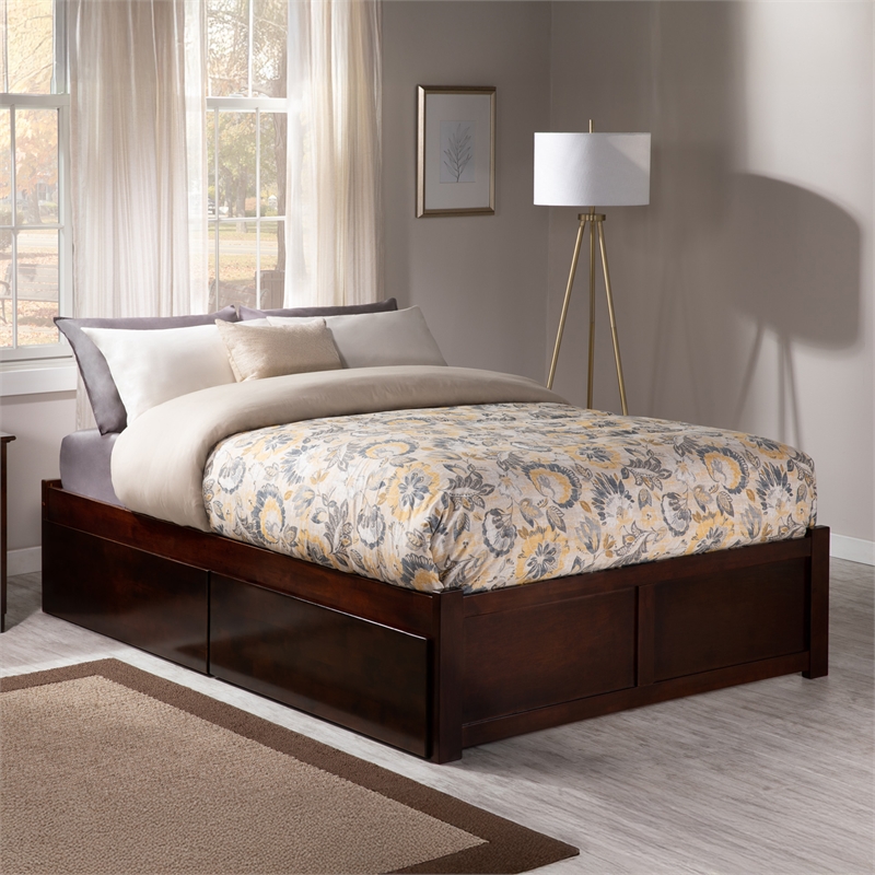 Concord King Wood Platform Bed with Footboard & 2 Storage Drawers in Walnut
