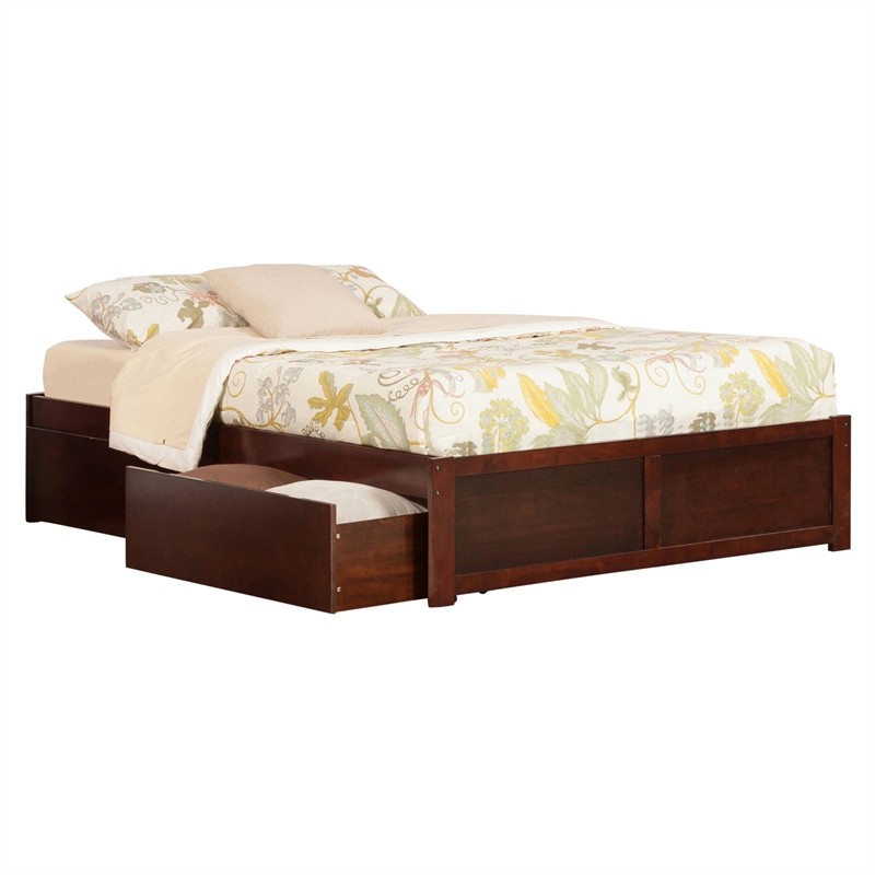 Concord King Wood Platform Bed with Footboard & 2 Storage Drawers in Walnut