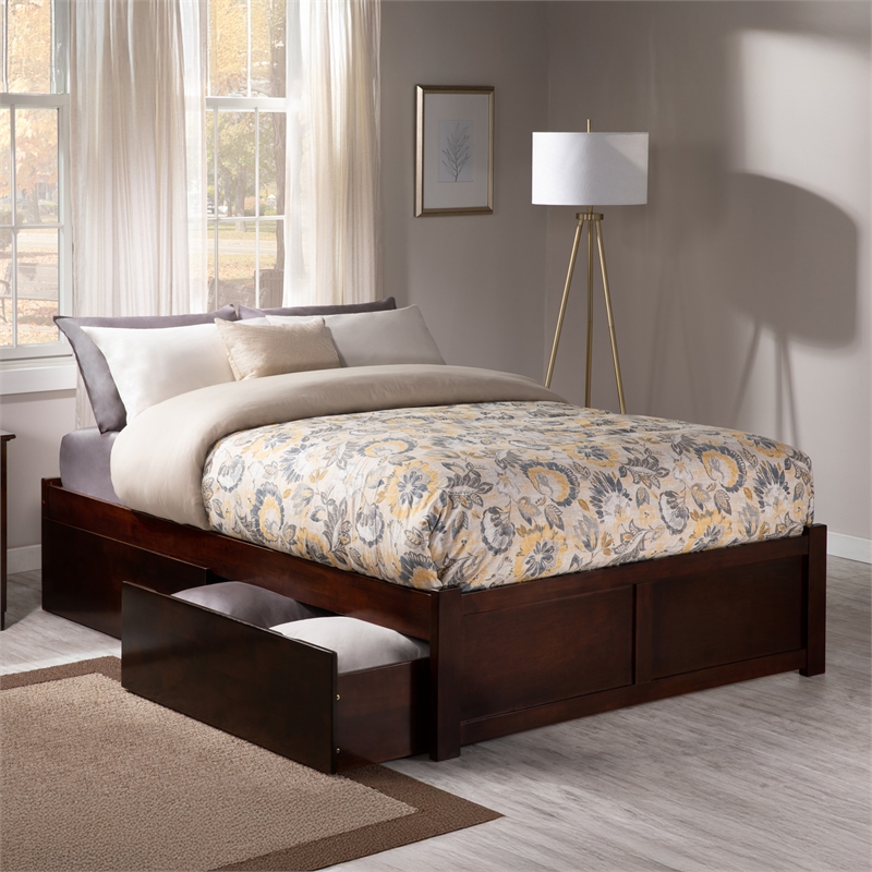Concord King Wood Platform Bed with Footboard & 2 Storage Drawers in Walnut
