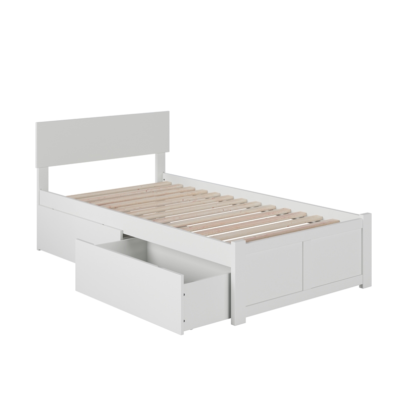 Orlando Twin XL Wood Platform Bed with Footboard and Storage Drawers in White