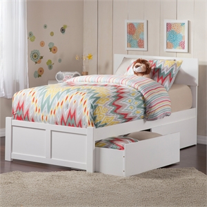 Orlando Twin XL Wood Platform Bed with Footboard and Storage Drawers in White