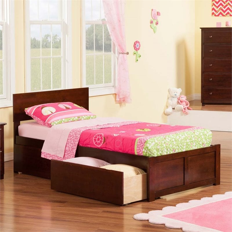 AFI Orlando TwinXL Solid Wood Bed and Footboard with Storage Drawers in Walnut