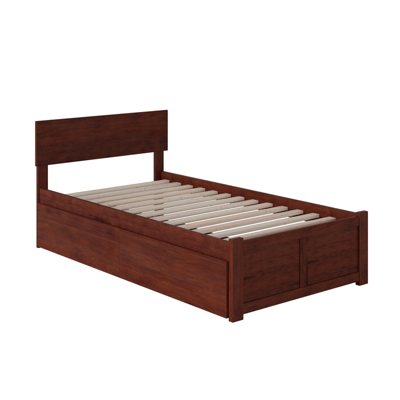 Orlando Twin XL Wood Platform Bed with Footboard and Storage Drawers in Walnut