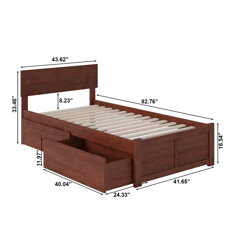Orlando Twin XL Wood Platform Bed with Footboard and Storage Drawers in Walnut