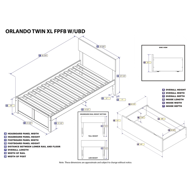AFI Orlando TwinXL Solid Wood Bed and Footboard with Storage Drawers in Walnut