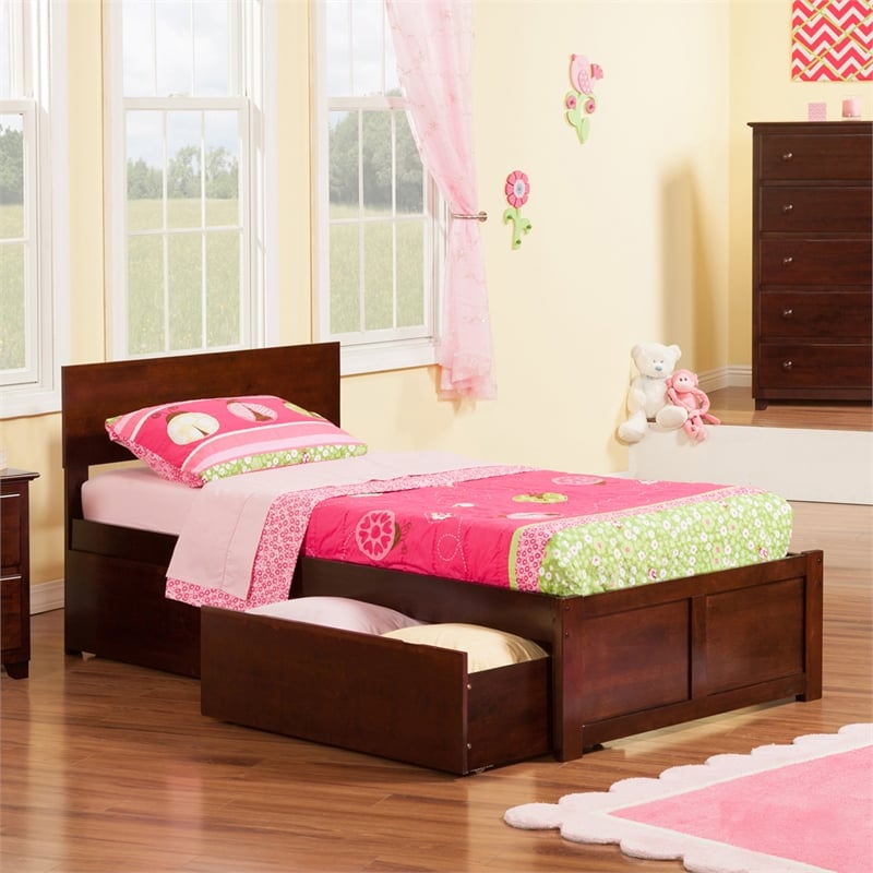 Orlando Twin XL Wood Platform Bed with Footboard and Storage Drawers in Walnut