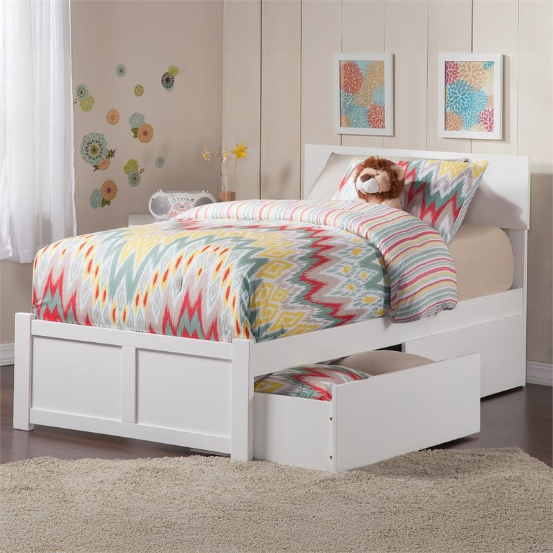 Orlando Twin Wood Platform Bed with Footboard and Storage Drawers in White