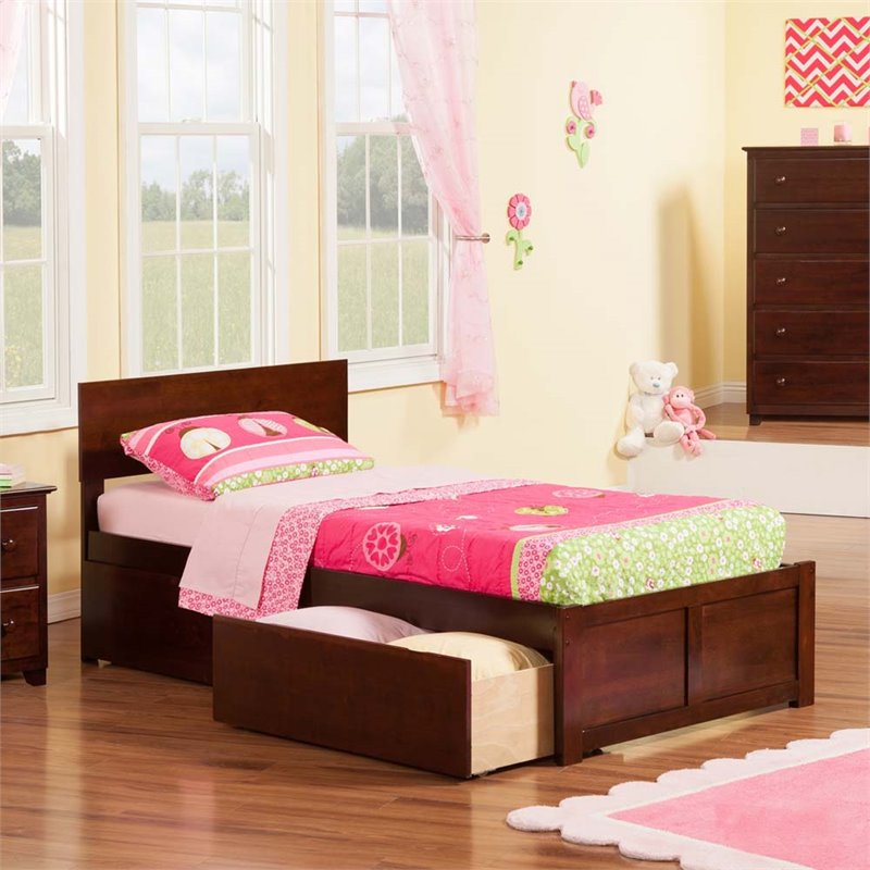 Orlando Twin Wood Platform Bed with Footboard and Storage Drawers in Walnut