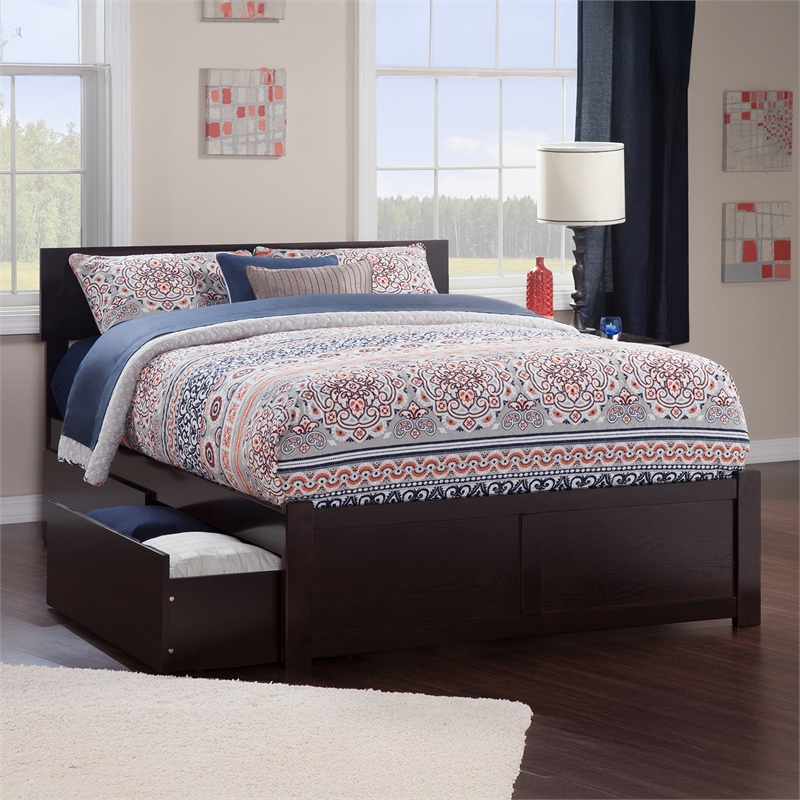 Orlando Full Wood Platform Bed with Footboard and Storage Drawers in Espresso