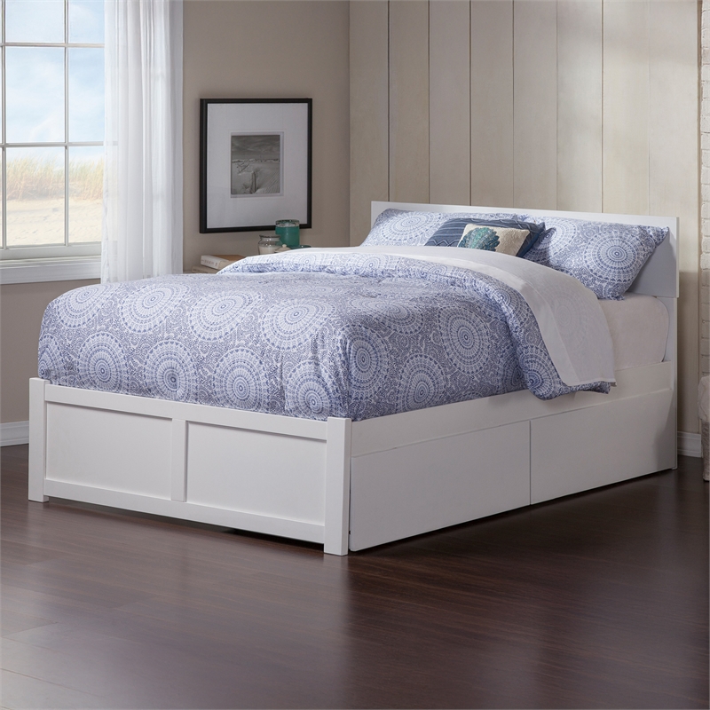 Orlando Full Wood Platform Bed with Footboard and Storage Drawers in White