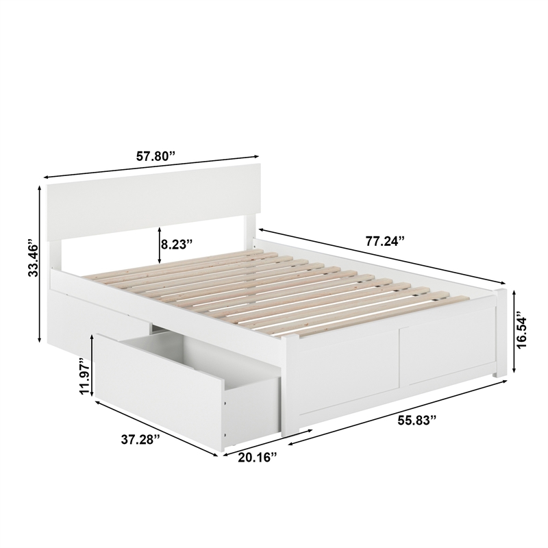 Orlando Full Wood Platform Bed with Footboard and Storage Drawers in White