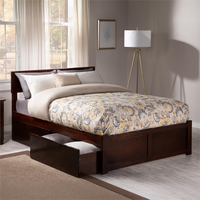 Orlando Full Wood Platform Bed with Footboard and Storage Drawers in Walnut