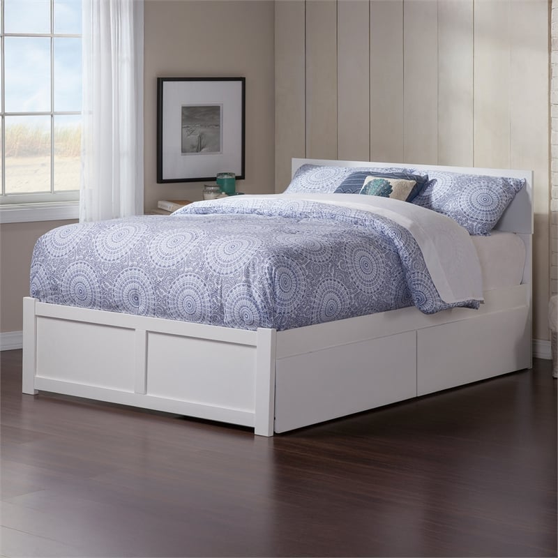 Orlando Queen Wood Platform Bed with Footboard and Storage Drawers in White