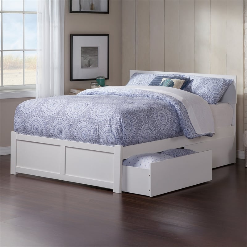 Orlando Queen Wood Platform Bed with Footboard and Storage Drawers in White