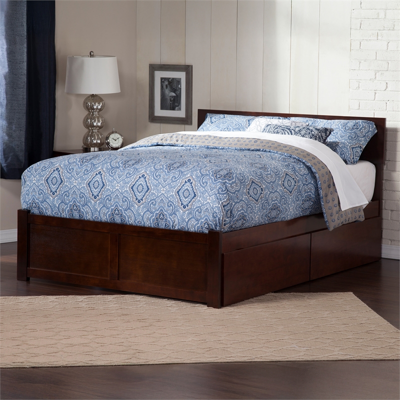 Orlando Queen Wood Platform Bed with Footboard and Storage Drawers in Walnut