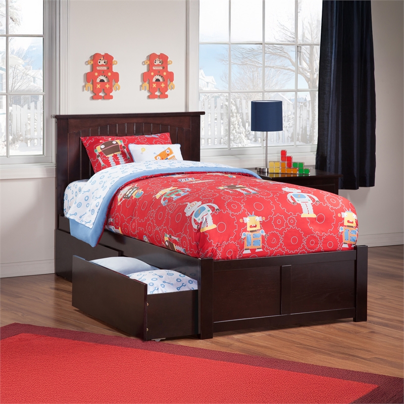 Nantucket Twin XL Wood Platform Bed with Footboard and Drawers in Espresso