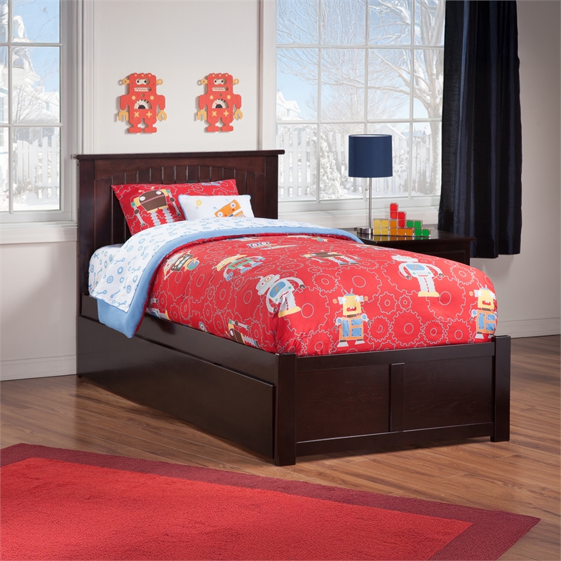 Nantucket Twin Wood Platform Bed with Footboard and Twin Trundle in Espresso