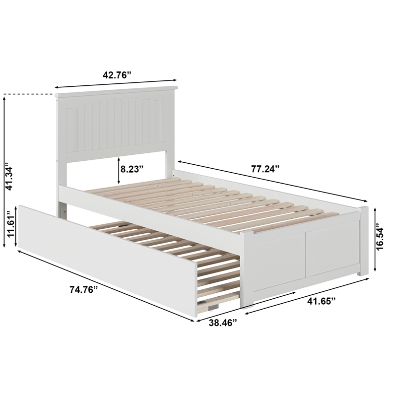 Nantucket Twin Wood Platform Bed with Footboard and Twin Trundle in White