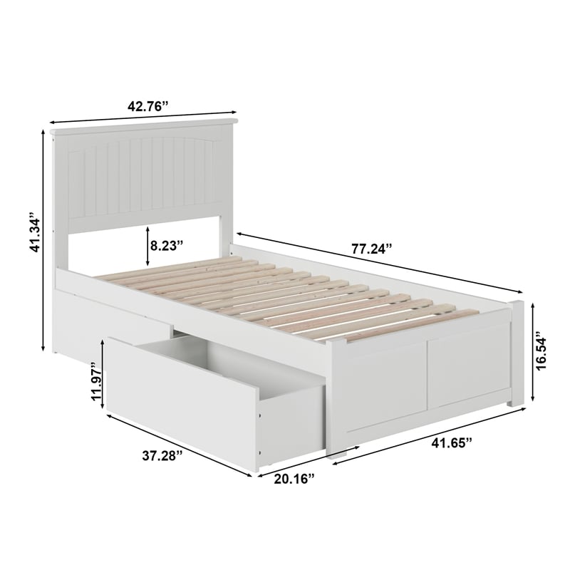 Nantucket Twin Wood Platform Bed with Footboard and Storage Drawers in White