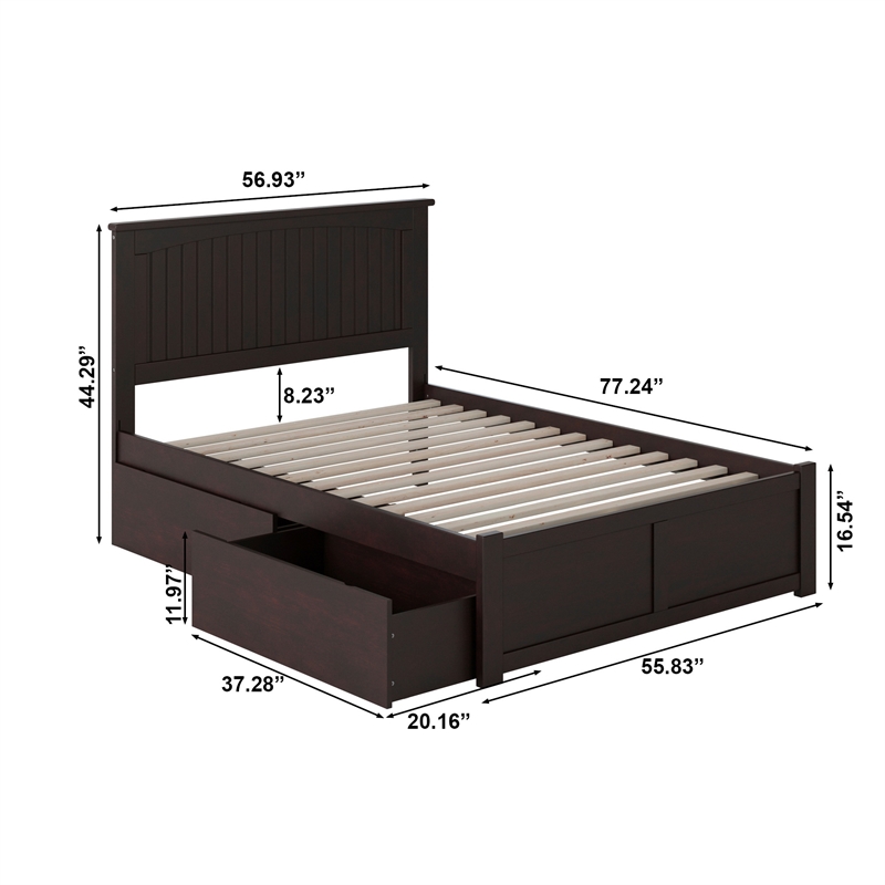 Nantucket Full Wood Platform Bed with Footboard and Storage Drawers in Espresso