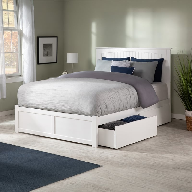 Nantucket Full Wood Platform Bed with Footboard and Storage Drawers in White