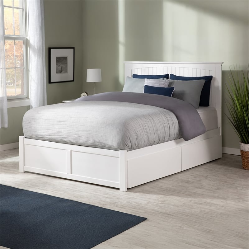 Nantucket Full Wood Platform Bed with Footboard and Storage Drawers in White