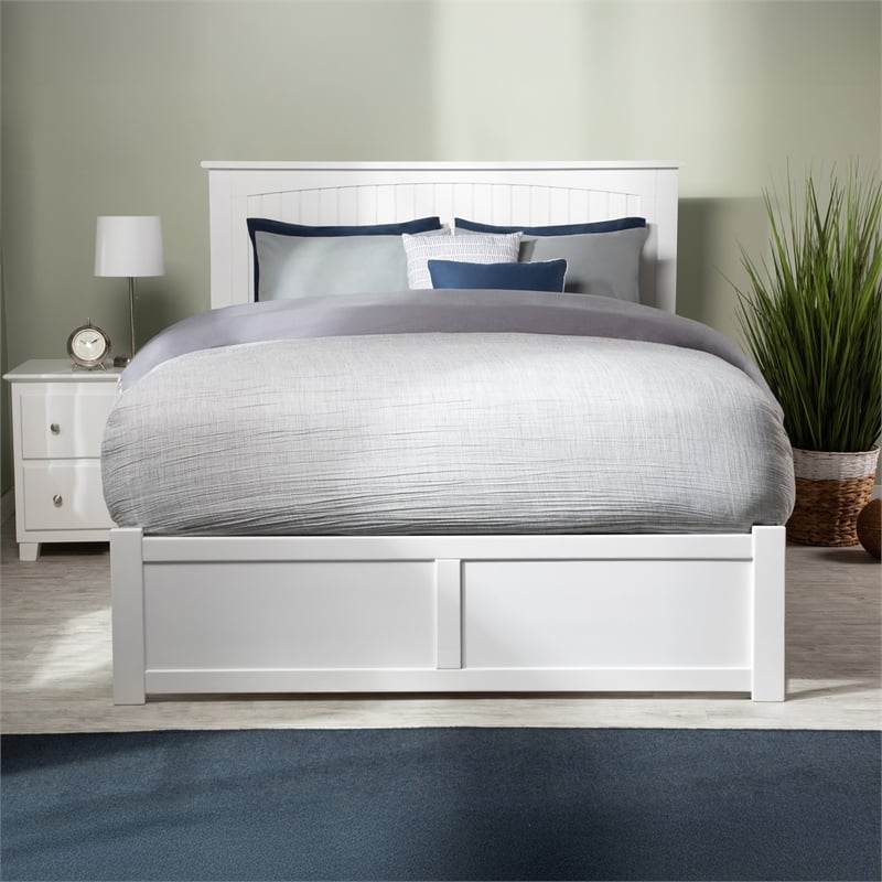 Nantucket Full Wood Platform Bed with Footboard and Storage Drawers in White
