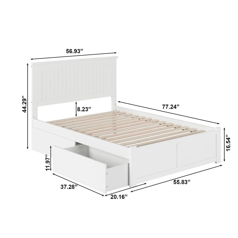 Nantucket Full Wood Platform Bed with Footboard and Storage Drawers in White