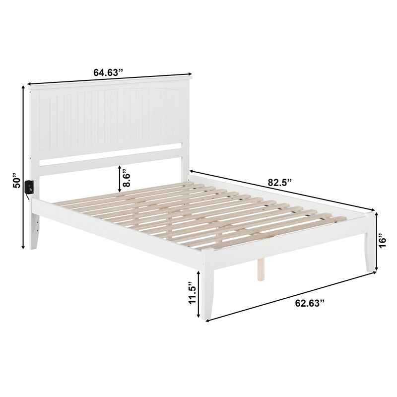 AFI Nantucket Queen Solid Wood Platform Bed with USB Charging Station in White