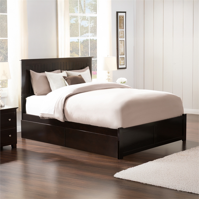 Nantucket Queen Wood Platform Bed with Footboard and Storage Drawers in Espresso